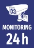 24h Monitoring Information Sticker - Graphic design with a surveillance camera on a blue background and white text.