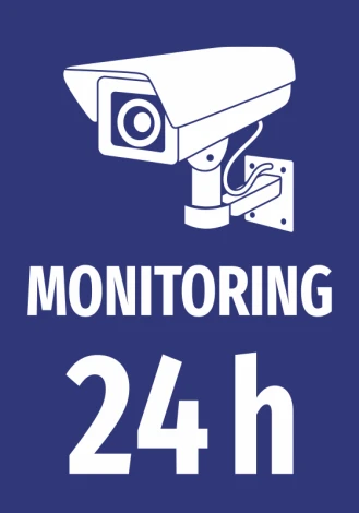 24h Monitoring Information Sticker - Graphic design with a surveillance camera on a blue background and white text.