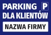 Parking sticker for customers with a name field - graphic design. Blue background, white letters, rectangular name area.