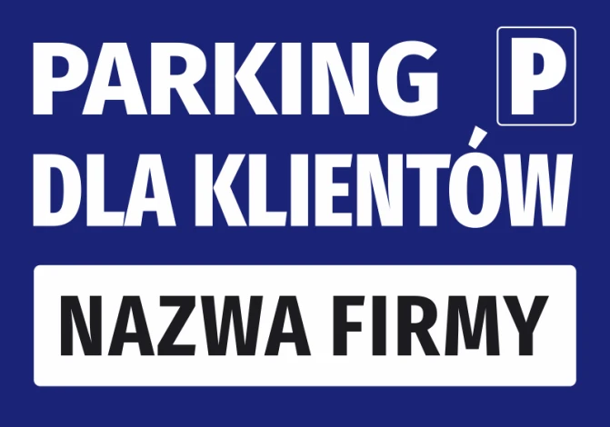 Parking sticker for customers with a name field - graphic design. Blue background, white letters, rectangular name area.