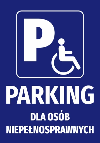 Parking sticker for disabled individuals - Graphic design. Blue background with white wheelchair symbol and text.
