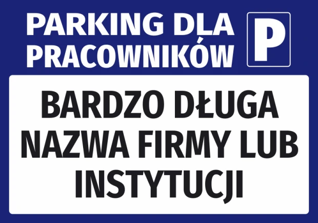 Employee parking sticker with name field - graphic design. Blue background with white text and P symbol.