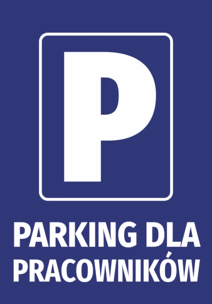 Employee Parking Sticker - Graphic design. Blue background with a white P and text.