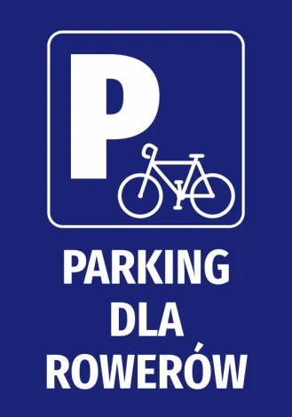 Bicycle parking sticker - Graphic design. Blue background with a white bicycle symbol and the letter P.