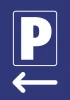 Parking sticker left direction - Graphic design. Features a large letter P and a left arrow on a dark background.
