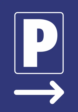 Parking sticker right direction - Graphic design. White letter P and right arrow on a blue background.