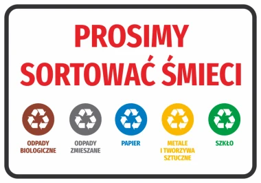 Sticker Please sort waste - Graphic design. Red text on a white background with recycling icons.