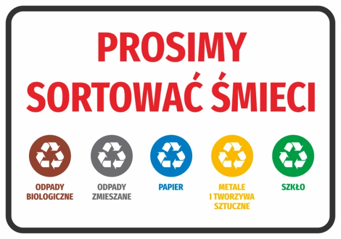 Sticker Please sort waste - Graphic design. Red text on a white background with recycling icons.