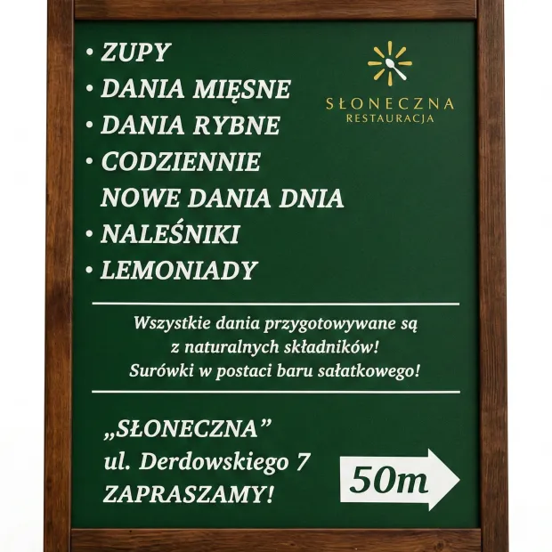 Chalkboard A-frame with custom print - Graphic design. Green board with white text and icons.