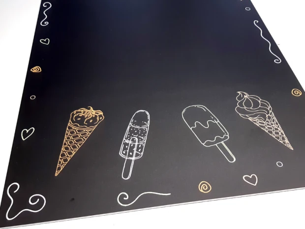 Chalkboard with ice cream price list design. Black background with drawings of ice creams and hearts.