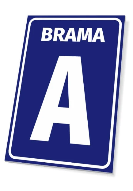 Building plaque: Gate with number or letter - Graphic design. Simple rectangular sign with blue background and white text.