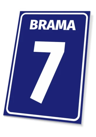 Building plaque: Gate with number or letter - Graphic design. Simple rectangular sign with blue background and white text.