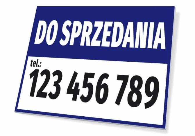 For sale sign with phone number - Simple rectangular design with blue background, white text, and black accents.