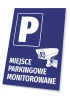 Monitored parking sign - Graphic design. Large letter P and surveillance camera on a blue background.