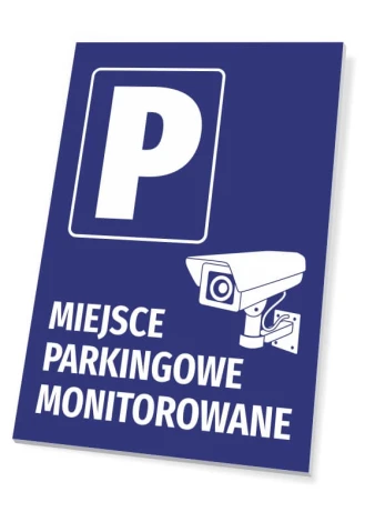 Monitored parking sign - Graphic design. Large letter P and surveillance camera on a blue background.