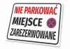 No Parking Reserved Space Sign - Graphic Design. Red text on white background with a no parking symbol.