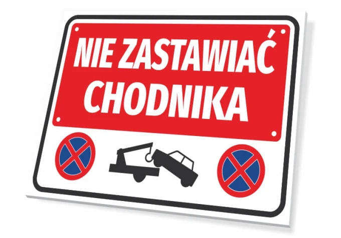 No Parking Sidewalk Sign - Graphic design with red background, white text, towing symbol, and parking prohibition.