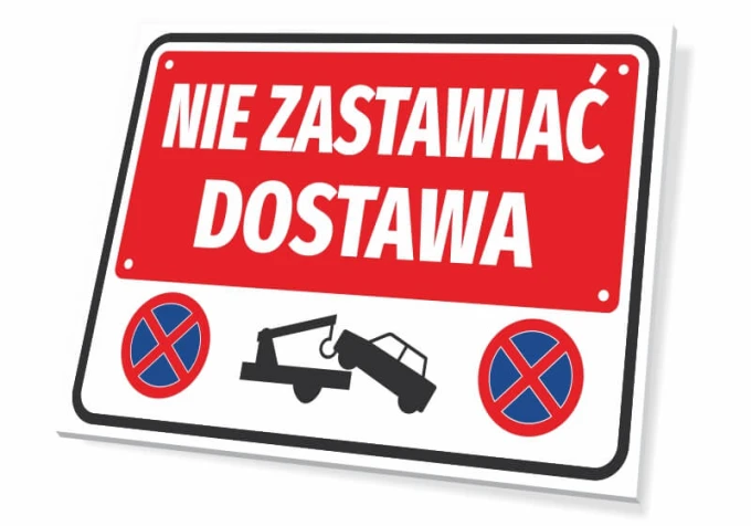 No Parking Delivery Sign - Graphic design with red background, white text, towing symbol, and prohibition signs.