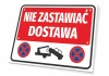 No Parking Delivery Sign - Graphic design with red background, white text, towing symbol, and prohibition signs.