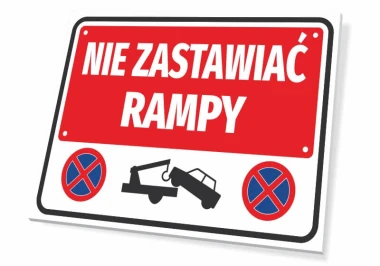 Do Not Block Ramp Sign - Graphic design with red background, white text, towing and no parking symbols.