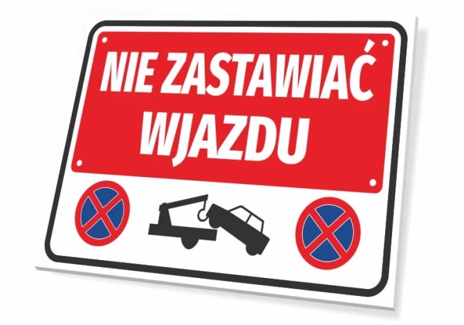 No Parking Sign - Graphic Design. Red background with white text, car and tow truck icons.
