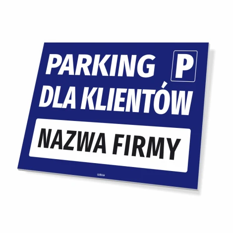 Parking sign for company clients with name field - Graphic design. Blue background, white letters, rectangular shapes.