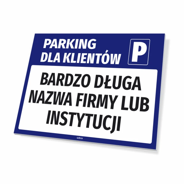 Parking sign for company clients with a name field - Rectangular design with a blue background and white text.