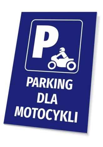 Motorcycle Parking Sign - Graphic Design. Blue background with white motorcycle symbol and text.