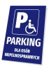 Parking sign for disabled individuals - Graphic design. Blue background with white wheelchair symbol.