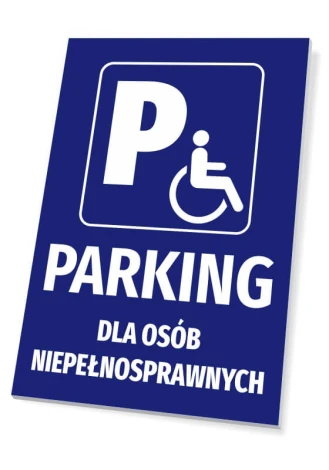 Parking sign for disabled individuals - Graphic design. Blue background with white wheelchair symbol.