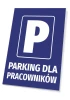 Employee Parking Sign - Graphic Design. Blue background with white letters and a large letter P.