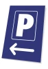 Parking sign left direction - Graphic design. A white letter P and left arrow on a blue background.