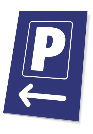 Parking sign left direction - Graphic design. A white letter P and left arrow on a blue background.