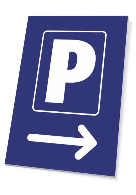 Parking sign pointing right - Graphic design with blue background, white letter P, and right arrow.