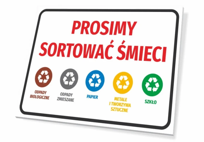 Wall sign: Please sort your waste - Graphic design with four colorful recycling symbols next to red text.