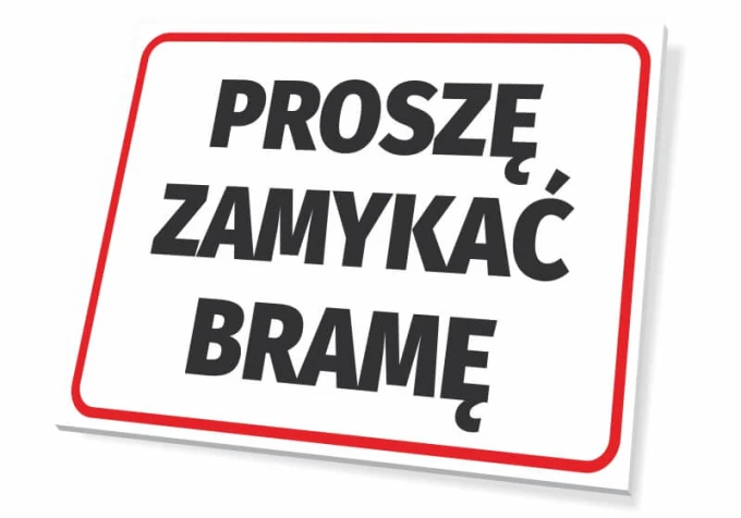 Please close the gate sign - Graphic design. Simple sign with a white background and large black text. Red.
