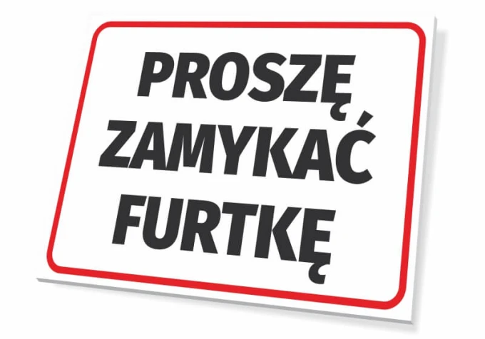 Please close the gate sign - Graphic design. Simple shape, red outline, black text on a white background.