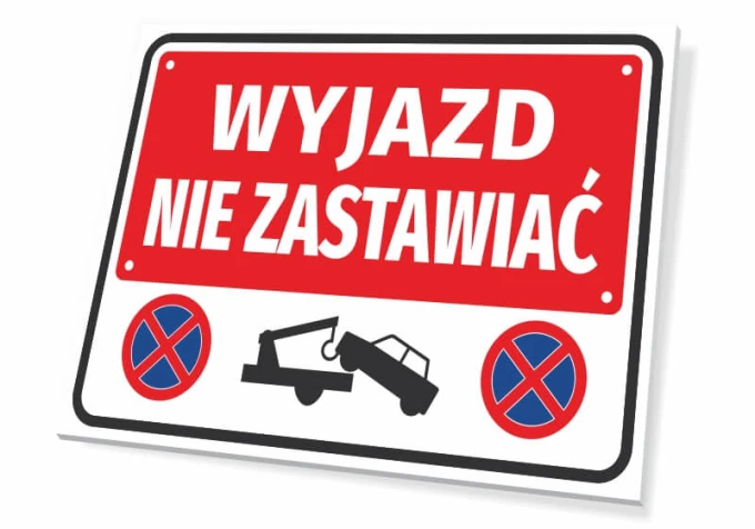 Do Not Park Sign - Graphic Design. Red rectangle with white text, car symbol, and prohibition signs.