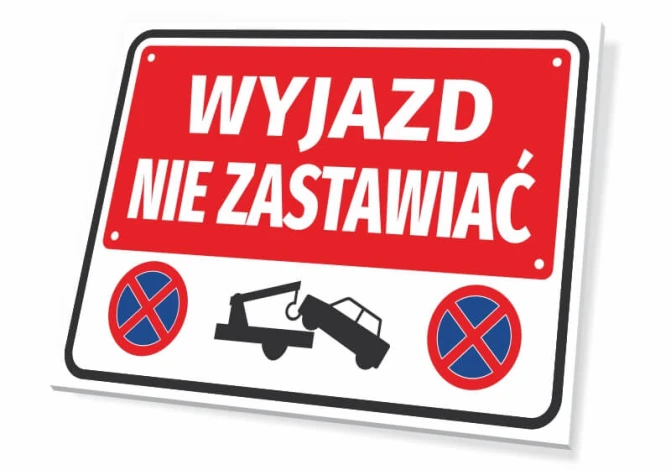 Do Not Park Sign - Graphic Design. Red rectangle with white text, car symbol, and prohibition signs.