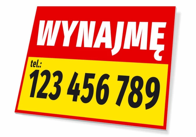 For rent sign with phone number - Graphic design. Red background with white text and yellow stripe with black numbers.