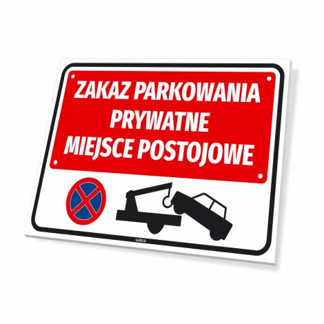 No Parking Sign Private Parking Space - Graphic Design. Red background with white text and towing symbol.