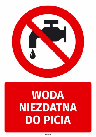 Safety sticker: Water not suitable for drinking - Red circular frame with a crossed-out black tap and droplet.