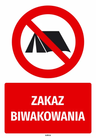 Safety sticker: No Camping - Red circle with a crossed-out tent on a white background. Text below reads NO CAMPING.