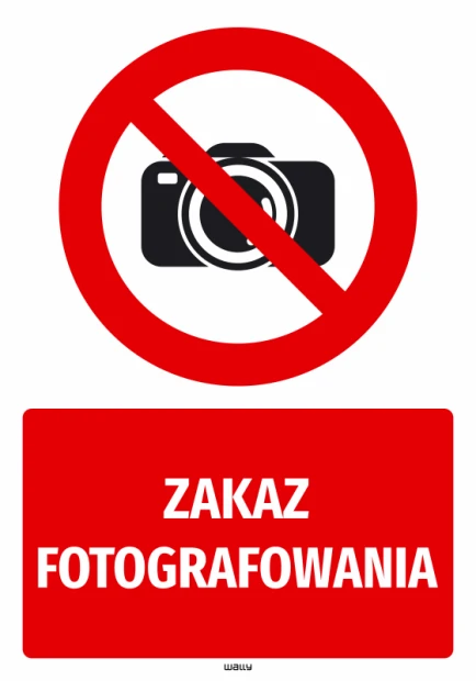 Safety sticker: No photography - Graphic design. Red circle with a crossed-out camera and text on a red background.