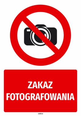 Safety sticker: No photography - Graphic design. Red circle with a crossed-out camera and text on a red background.