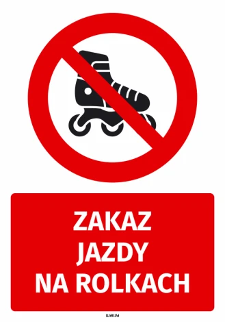 Safety sticker: No rollerblading - Graphic design. Red circle with crossed-out rollerblades on a black background.