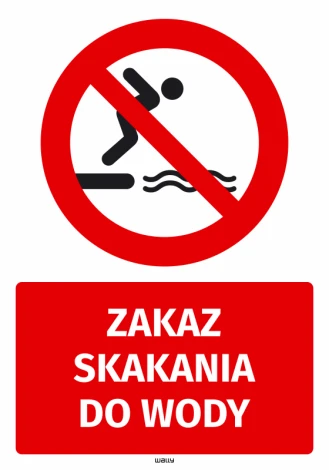 Safety sticker: No diving - Graphic design. Red circle with a crossed-out silhouette diving into water.