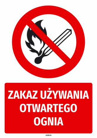 Safety sticker: No open flames - Graphic design. Red circle with a crossed-out flame and match on a white background.