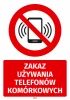 Safety sticker: No mobile phone use - graphic design. Red circle with a crossed-out phone and text.