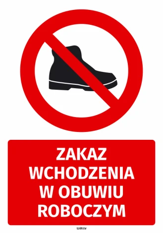 Safety sticker: No entry with work shoes - Graphic design. Red circle with a crossed-out black foot and text below.